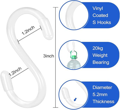 White S Hooks, 3 Inch Vinyl Coated S Hook for Hanging Plants,10 Pack Non Slip Heavy Duty Small Rubber Coated Closet S Hook for Hanging Jeans Plants Jewelry Pot Pan Cups Towels