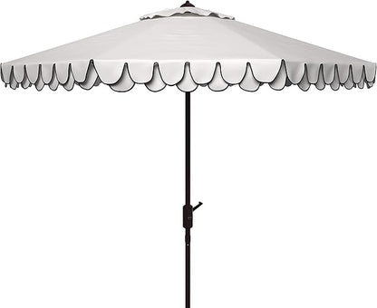 SAFAVIEH 9ft Outdoor Patio Umbrella, Round, Valance, Ivory & Navy Trim, Auto Crank Tilt, UV Resistant for Deck, Backyard, Poolside (PAT8006F)