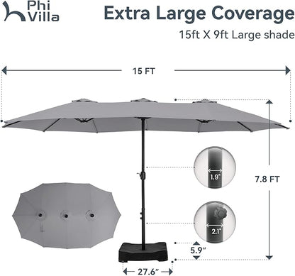 PHI VILLA 15ft Large Patio Umbrellas with Base, Outdoor Double-Sided Rectangle Market Umbrella for Pool Lawn Garden, Light Gray