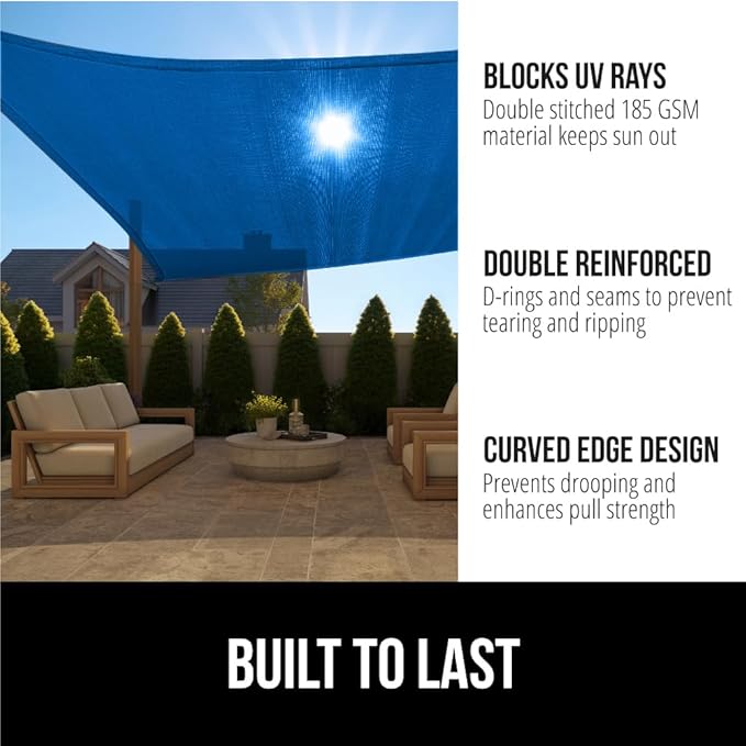 GORILLA GRIP Heavy Duty Sun Shade, UV Protection Fade Tear and Rust Resistant Rectangle Sunshade Canopy, Curved Edges Blocks Sunlight, Breathable Sail, Outdoor Patio, Lawn Garden 10x10 FT Blue