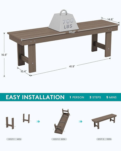 SERWALL 2-Person Outdoor Bench Backless, HDPE Outdoor Benches Weatherproof, 700 Lbs Weight Capacity, Poly Lumber Patio Furniture for Garden, Porch and Park, Coffee, 2 Pack