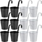 OBTANIM 12 Pack Metal Hanging Flower Pots Railing Planter Outdoor Fence Hanging Bucket Plant Holder with Detachable Hooks Drain Holes for Home Garden Yard Decor (Black and White, 4 x 4 Inch)