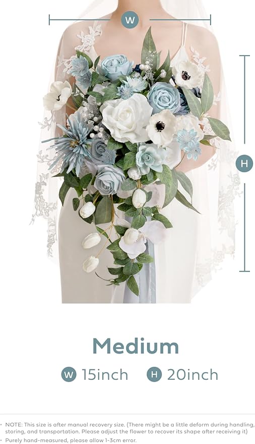 Artificial Flowers Cascade Bridal Bouquet, Dusty Blue Silk with Pearls