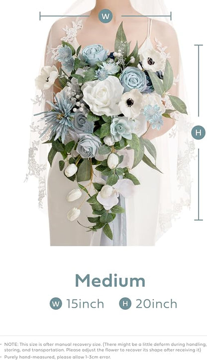 Artificial Flowers Cascade Bridal Bouquet, Dusty Blue Silk with Pearls