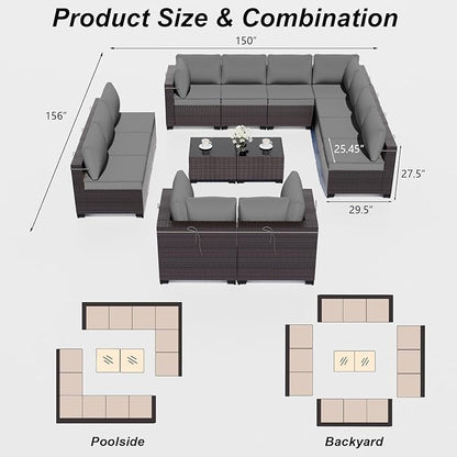 ALAULM Patio Furniture Set with Coffee Table, 14 Pieces Outdoor Sectional with Wide Seat and Thick Cushion, All Weather Wicker Rattan Conversation Set for Backyard, Garden, Deck, Grey