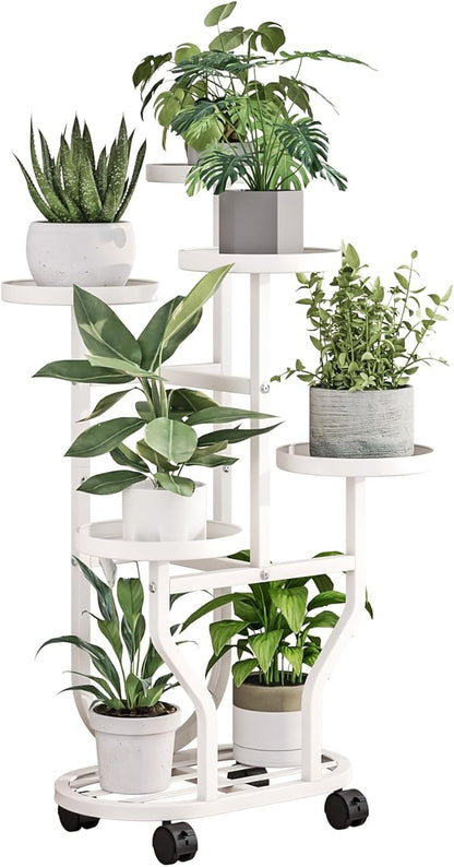 Plant Stand 5 Tier Indoor Outdoor Metal Flower Shelf with Wheels Multi Plants Holder Display Rack for Garden Patio Balcony Living Room White (White, 5 Tier)