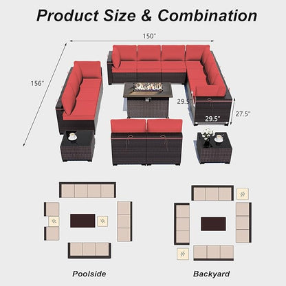 ALAULM Patio Furniture Set with Fire Pit Table 55000 BTU, Outdoor Sectional with Wide Seat and Thick Cushion, 15 Piece Wicker Rattan Conversation Set with Coffee Table for Garden, Deck, Red