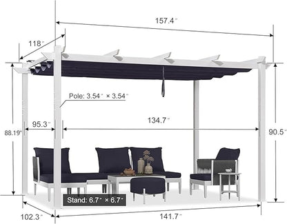 PURPLE LEAF 10' x 13' Patio Retractable Pergola Outdoor White Heavy-Duty Aluminum Pergola Metal with Double Sun Shade Canopy for Backyard Gardens Deck, Navy Blue