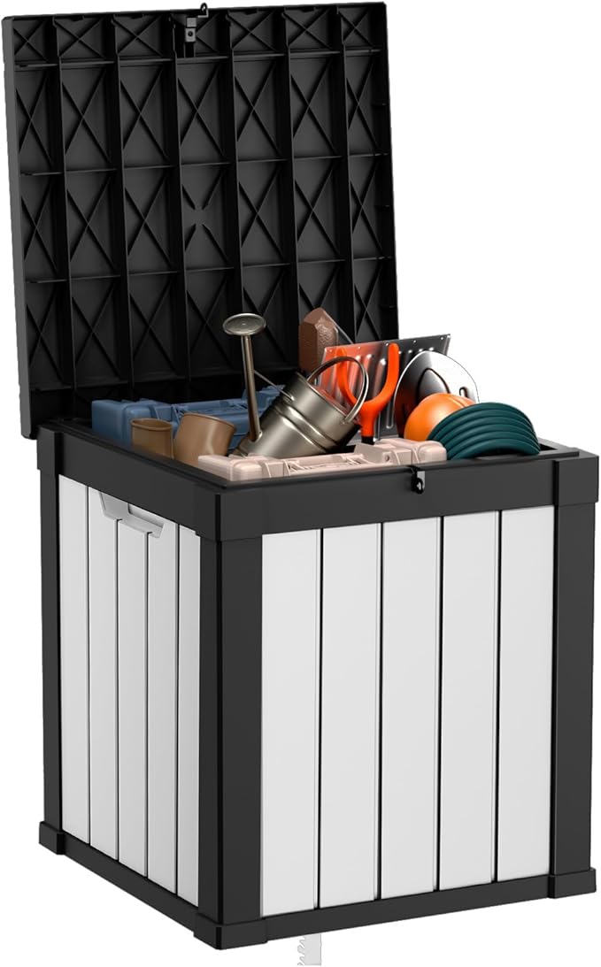 Deck Box Lockable Resin Patio Storage Bench in Black, Wood Grain