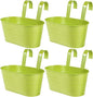 OBTANIM 4 Pack Metal Hanging Flower Pots Iron Railing Planter Outdoor Fence Hanging Pots Bucket Plant Holder with Detachable Hooks Drain Holes for Home Garden Yard Decor (Green)