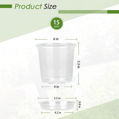 6 Inch Clear Nursery Pots for Plants with Sacuers 15 Pack, Plastic Flower Pots with Drainage Holes, Variety Pack Seedlings Garden Pot for Indoor Outdoor (6 inch)