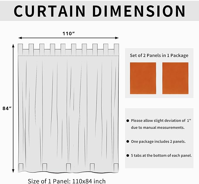 Easy-Going Outdoor Patio Curtains Detachable Tab Top Windproof Weatherproof Curtain for Cabana, Porch, Pergola and Gazebo, Tab Bottom Drape, 2 Panels, 110W x 84L inch, Orange