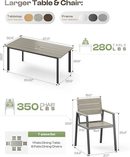 Outdoor Dining Set for 6, Aluminum Patio Table and Chairs Set with Umbrella Hole, 7 Piece HDPS Outdoor Furniture Sets for Patio, Garden (Gray)