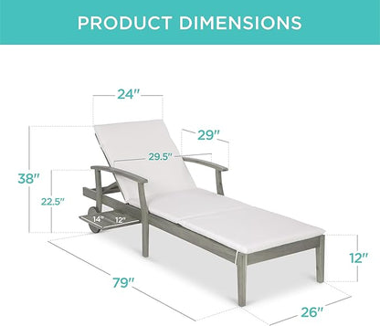 Best Choice Products 79x26in Acacia Wood Chaise Lounge Chair Recliner, Outdoor Furniture for Patio, Poolside w/Slide-Out Side Table, Foam-Padded Cushion, Adjustable Backrest, Wheels - Gray/Cream