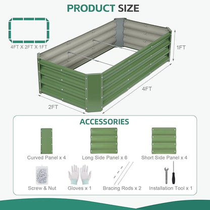 Galvanized Raised Garden Bed - 4x2x1ft Metal Garden Planter Box Outdoor | Steel Raised Bed Kit with Bracing Rods, Gloves for Gardening Vegetables Fruits and Flowers (Oliver Green)