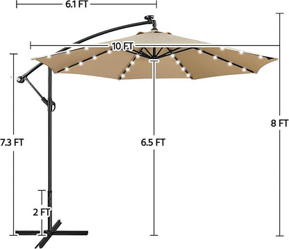Yaheetech 10FT Solar Offset Umbrella with 32 LED Lights Cantilever Hanging Outdoor Umbrellas Handy Crank & Cross Base for Lawn/Deck/Backyard/Pool Tan