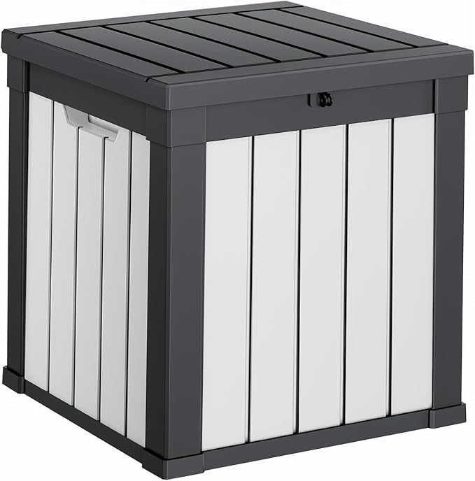 Deck Box Lockable Resin Patio Storage Bench in Black, Wood Grain