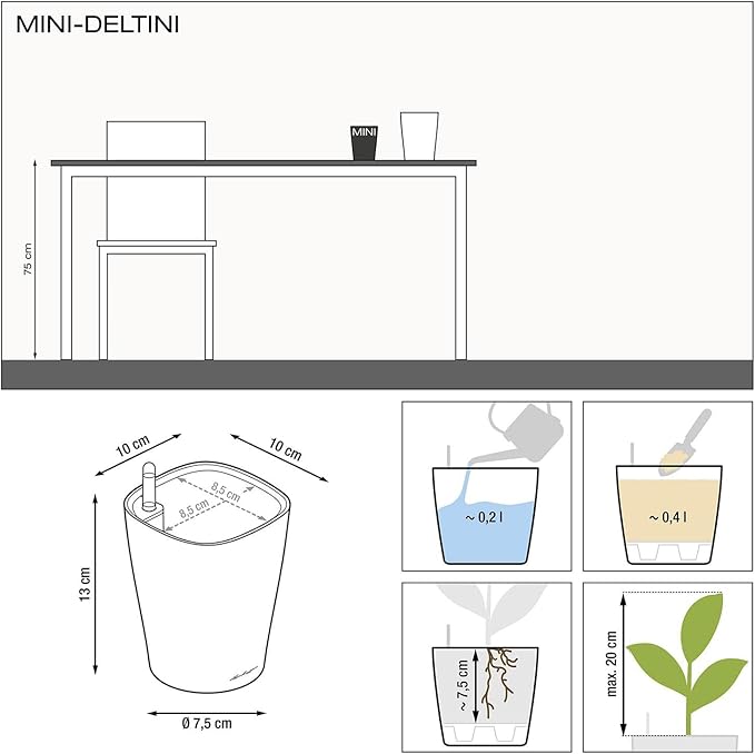 Lechuza MINI-DELTINI Shiny Taupe High Gloss, Self-Watering Small Indoor Planter, H5.1 L3.9 W3.9 in