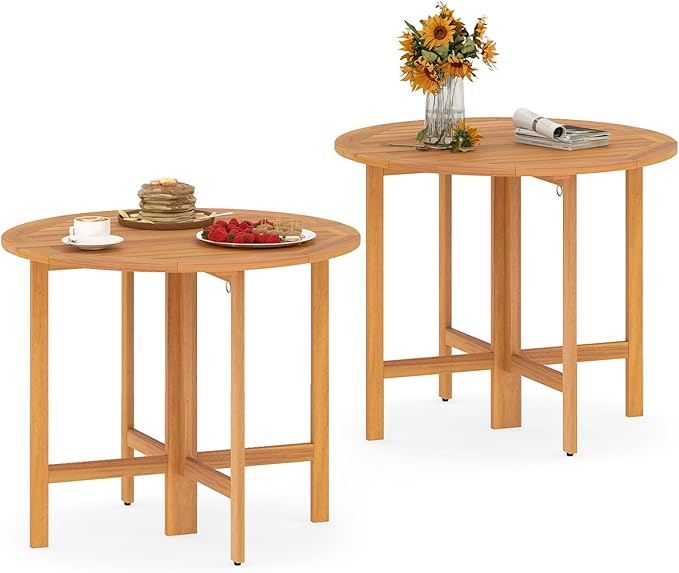 Tangkula 2 Pieces 36 Inches Outdoor Folding Round Dining Table, No Assembly Patio Acacia Wood Bistro Table with Slatted Tabletop, for Backyard, Porch, Balcony