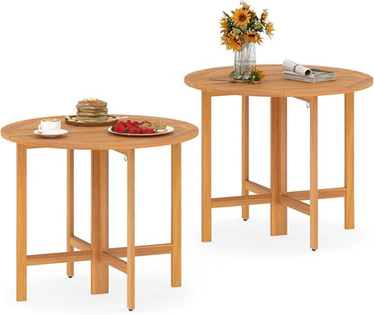 Tangkula 2 Pieces 36 Inches Outdoor Folding Round Dining Table, No Assembly Patio Acacia Wood Bistro Table with Slatted Tabletop, for Backyard, Porch, Balcony