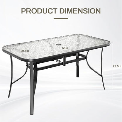 TLSUNNY Patio Outdoor Table W/ 1.69″ Umbrella Hole, 30"X 55" Rectangular Tempered Glass Patio Dining Table for 6, Outdoor Metal Furniture, All-Weather Use, for Patio, Graden, Backyard (Black)