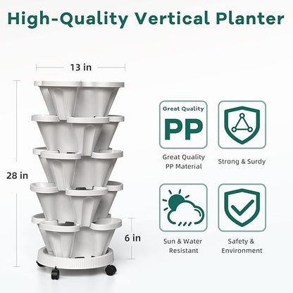 Strawberry Vertical Planters 5 Tiered, Stacking Tower Garden, Stackable Herb Vegetable Planters with Movable Casters and Bottom Saucer Indoor and Outdoor - White