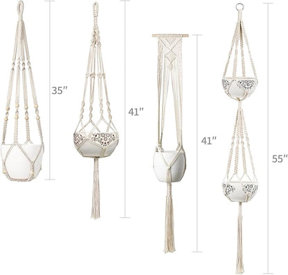 Mkono Macrame Plant Hangers Set of 4 Indoor Hanging Planter Basket Wall Decorative Flower Pot Holder with 4 Hooks for Indoor Outdoor Home Decor Gift Box, Ivory