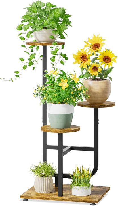 iDavosic.ly 3 Tier Plant Stand Indoor, Corner Tiered Multiple Flower Holder Shelf with Wooden Trays, Orchid Display Metal Rack for Patio Porch Living Room Balcony Outdoor, Modern Black & Rustic Brown