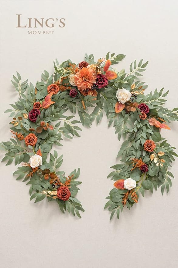 Artificial Flower Garland, 6 Ft Eucalyptus Willow Leaf, Terracotta Orange
