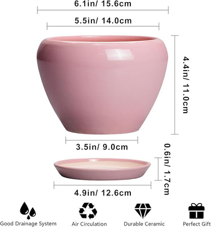 6 Inch Plant Pot - Ceramic Pot for Indoor Plants, Glaze Modern Decorative Round Ceramic Planter with Drainage Hole and Saucer, Plant Lover Gifts, Home Garden Room Office Decor, Pink