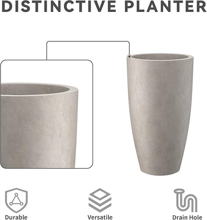 Kante 23.6" H Weathered Concrete Tall Planters (Set of 2), Large Outdoor Indoor Decorative Plant Pots with Drainage Hole and Rubber Plug, Modern Style for Home and Garden