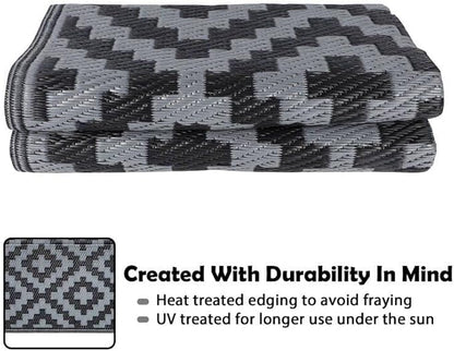 SAND MINE Waterproof Outdoor Rug 4x6 ft, Reversible Mats, Modern Area Rug, Large Floor Mat and Rug for Outdoors, RV, Patio, Backyard, Deck, Picnic, Beach, Trailer, Camping, Black & Grey Lattice