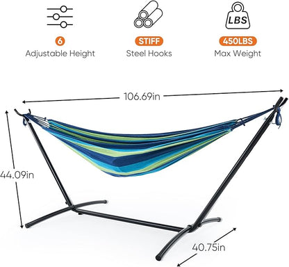 Sweetcrispy Double Hammock with Space Saving Steel Stand Heavy Duty 2 Person Standing Hammocks 450lb Capacity for Outside Garden Yard with Portable Carrying Bag, Blue
