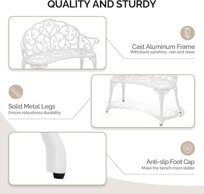 VINGLI 38.5" Patio Park Garden Outdoor Metal Rose Bench, 2-Person Cast Iron Cast Aluminium Frame Antique Finish Chair,Accented Lawn Front Porch Path Yard Decor Deck Furniture (White, Butterfly)