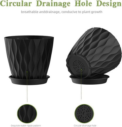 4 Inch Plant Pots, 6 Pack Indoor Flower Pots, Planters with Drainage Holes and Trays for Orchids, Violets, Succulents, Herbs, and Other Plants, Black
