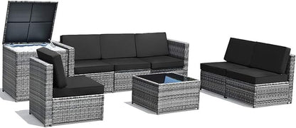 Tangkula 8 Pieces Wicker Patio Furniture Set with Storage Deck Box, PE Rattan Outdoor Sectional Sofa Conversation Set with Coffee Table & Cushions, Outside Furniture for Garden Yard Poolside (Black)