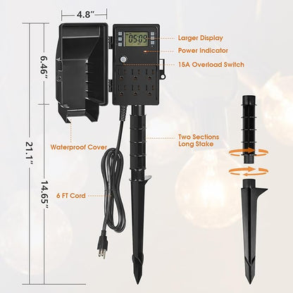 SURAIELEC Outdoor Power Stake, 7-Day Programmable Digital Timer, Power Strip Weatherproof, 6 Multi Plug Electrical Outlet Waterproof, 6FT Extension Cord for Outdoor Light, Outside Halloween Decoration
