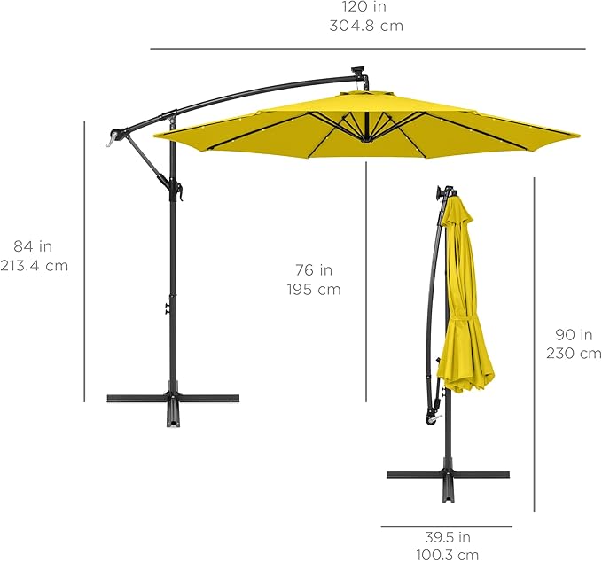 Best Choice Products 10ft Solar LED Offset Cantilever Hanging Market Patio Umbrella, 8 Sturdy Ribs, Easy Adjustment - Yellow
