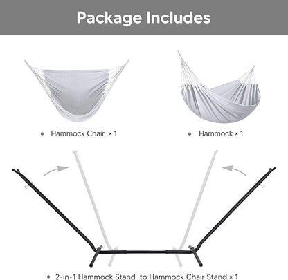 SUNCREAT 2-in-1 Convertible Extra Large Hammocks with Stand, Heavy Duty 2 Person Hammock for Outside with Stand, Patented, Light Gray