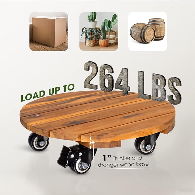 Idzo 2-Pack 14 Inch Acacia Wood Rolling Round Plant Caddy, Plant Caster for Heavy Duty Plant Stand with 360° Lockable Wheels, 264 lbs Capacity Caddy for Indoor and Outdoor Use, Natural Wood