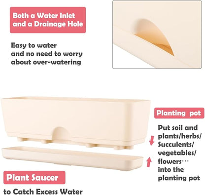 6 Pack Rectangle Planter 16x4.4 Inch Window Boxes Planters Rectangular Large Window Sill Planters Indoor Self Watering Plant Pots with Drainage Holes and Saucers Succulent Herb Flower Pots, Beige