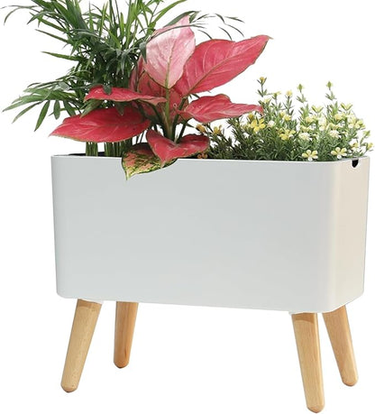 13.5 Inch Indoor Decorative Planter Pot with Solid Wood Legs, Self Watering Pots with Water Shortage Alarm Plant Pot for Modern Flower Planter for Home & Garden(White)