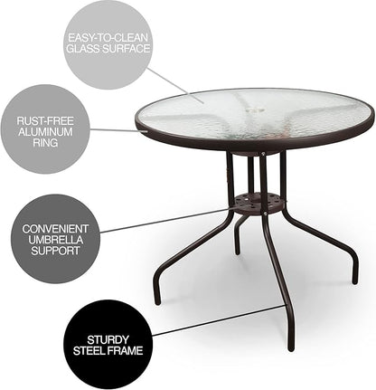 Garden Elements Outdoor Patio Furniture, Round Dining Table, Steel Base and Rim with Water-Wave Glass Top, Brown, 31.5"