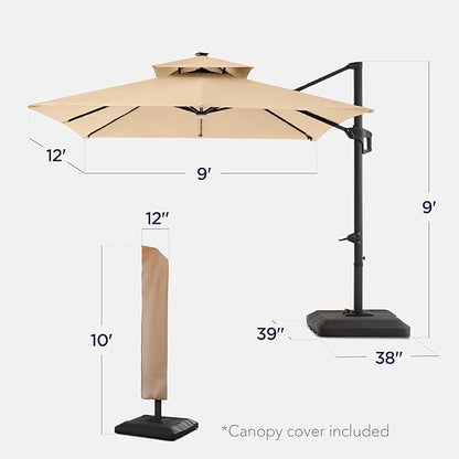 Best Choice Products 9x12ft LED Cantilever Patio Umbrella w/Base Included & 360° Rotation, Large Solar Offset Hanging Outdoor Sun Shade for Deck, Backyard Table w/Stand & Lights – Sand
