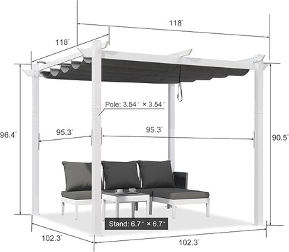 PURPLE LEAF Outdoor Retractable Pergola with Curtains 10' x 10' White Patio Aluminum Pergola with Sun Shade Canopy for Backyard Deck Garden Modern Metal Pergola, Gray