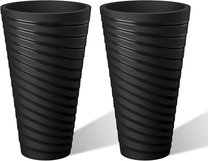 Kante 23 Inch Tall Planter Set of 2, Round Spiral Textured Flower Pots, Decorative Plant Pots for Outdoor Indoor Garden Patio Front Porch (Black)