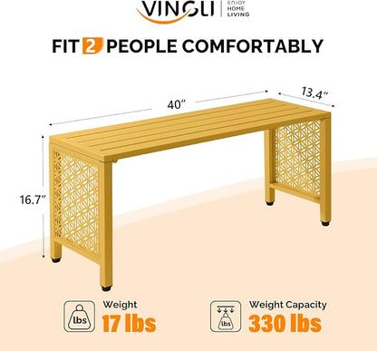 VINGLI 40in Outdoor Metal Bench, All-Weathe Backless Patio Bench with Slatted Seat＆Floral Side Panels, Rust-Resistant Garden Bench, Weatherproof Outdoor Seating for Porch Entryway Backyard (Yellow)