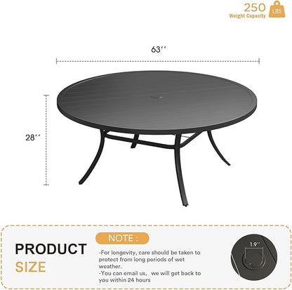 VICLLAX 63" Outdoor Round Patio Table with Umbrella Hole, All Weather Metal Round Outdoor Dining Table for Lawn Garden, 8-10 Person Table, Black