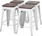 FDW Metal Bar Stools Counter Height Barstool Stackable Barstools Indoor Outdoor Patio Bar Stool Home Kitchen Dining Stool Backless Bar Chair (White with Wood, 24")