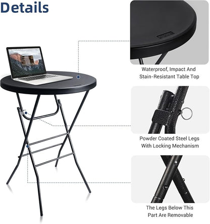 Cocktail Table 28in Folding Round High Top Indoor Outdoor with Removable Legs, Tall Bistro Foldable Bar Height Table for Parties, Patio, Backyard, Dining Room, Events, Black- 2PCS